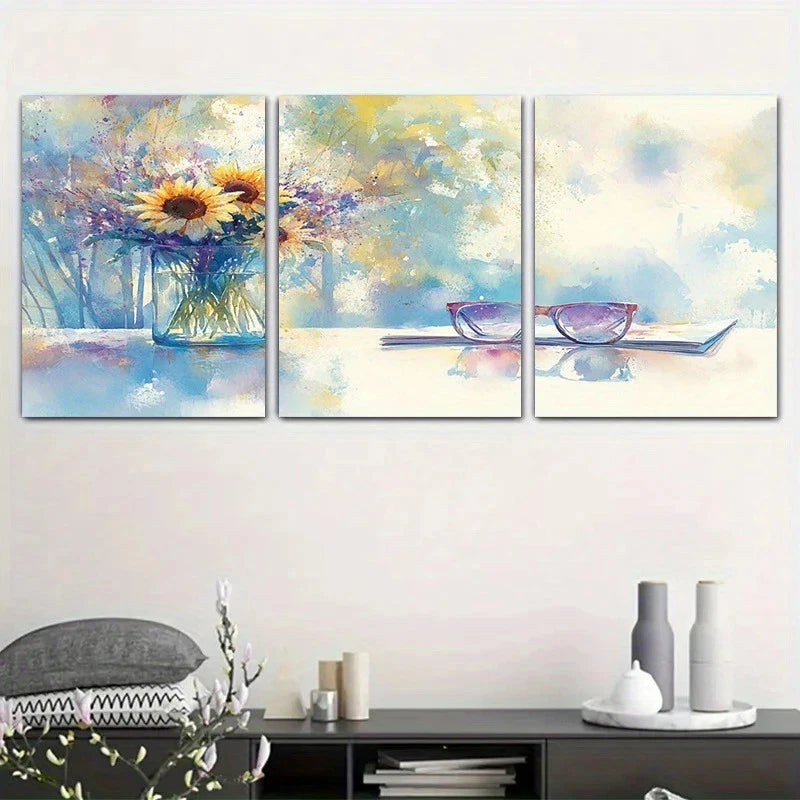 3pcs Vibrant Sunflower & Glasses Metal Print Ready to Hang Art