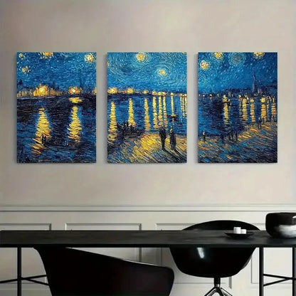 3pcs Starry Night Over River with Reflections Metal Print Ready to Hang Art