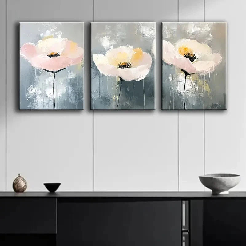 3pcs Pink & Yellow Poppy on Grey Background Metal Print Ready to Hang Art