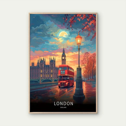 London England Bus & London Skyline Vintage Travel Poster Print Wall Art