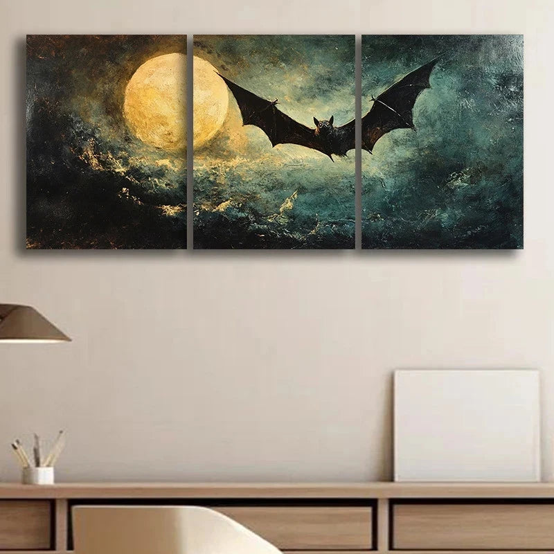 3pcs Bat and Moon Luxurious Cloth Material Metal Print Ready to Hang Art