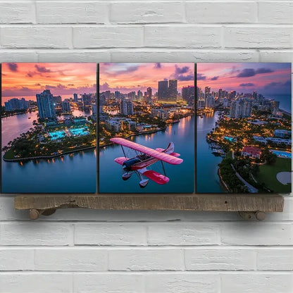 3pcs Pink Airplanes Over The City Metal Print Ready to Hang Art