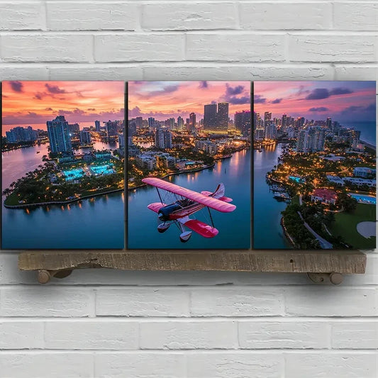 3pcs Pink Airplanes Over The City Metal Print Ready to Hang Art