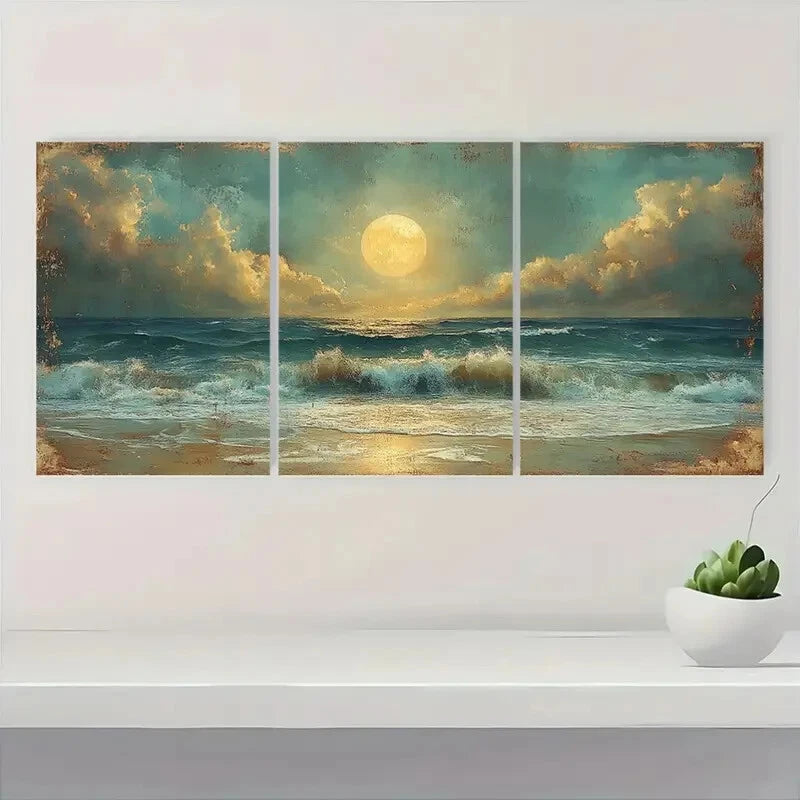 3pcs Moonlit Seaside Vintage Rustic Nature Metal Print Ready to Hang Art