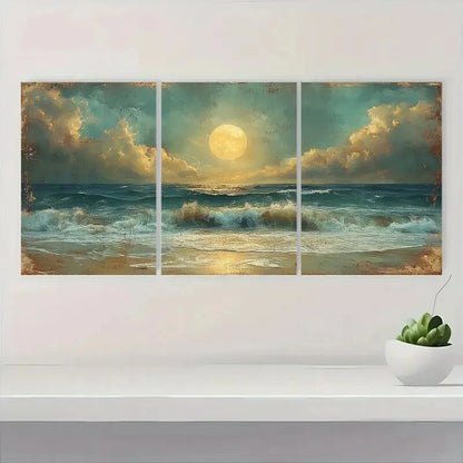 3pcs Moonlit Seaside Vintage Rustic Nature Metal Print Ready to Hang Art