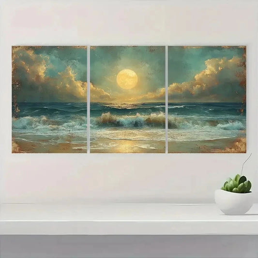 3pcs Moonlit Seaside Vintage Rustic Nature Metal Print Ready to Hang Art