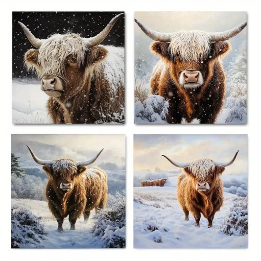 4pcs Vintage Abstract Highland Cow Wall Art Canvas Framed