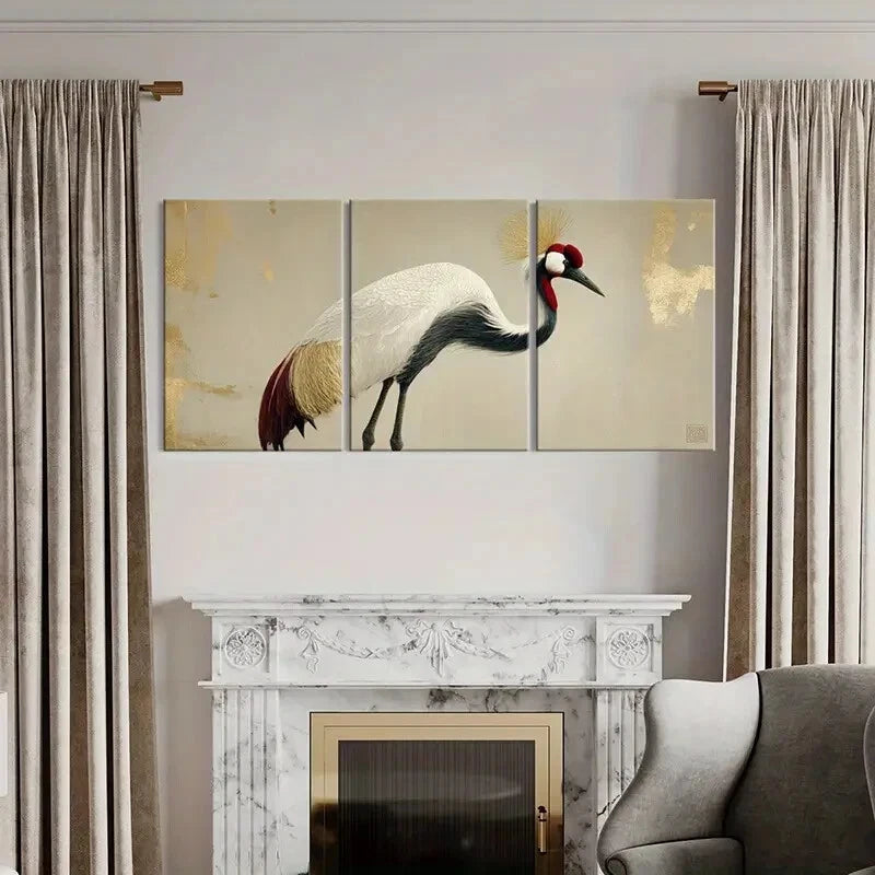 3pcs Crane Artwork White Feathers, Red Crown Metal Print Ready to Hang Art