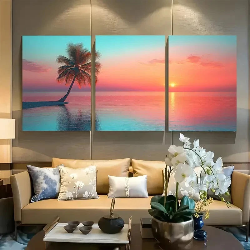 3pcs Minimal Palm Tree Aesthetic Tropical Sunset Metal Print Ready to Hang Art