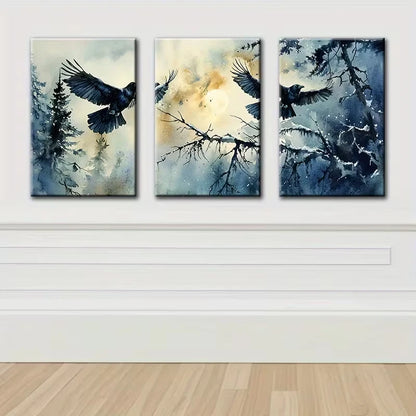 3pcs Crow on Branch Design Wall Art Set Canvas Framed 50x70cm - High Quality Print 100% Australian Made Wall Canvas Ready to Hang