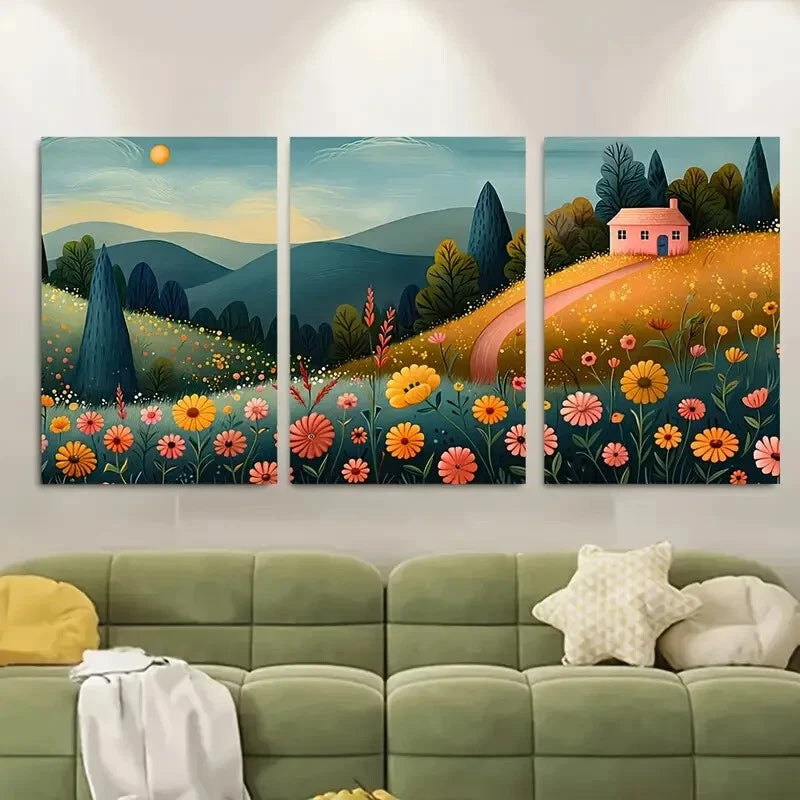 3pcs Colorful Wildflowers & Rustic Countryside Metal Print Ready to Hang Art