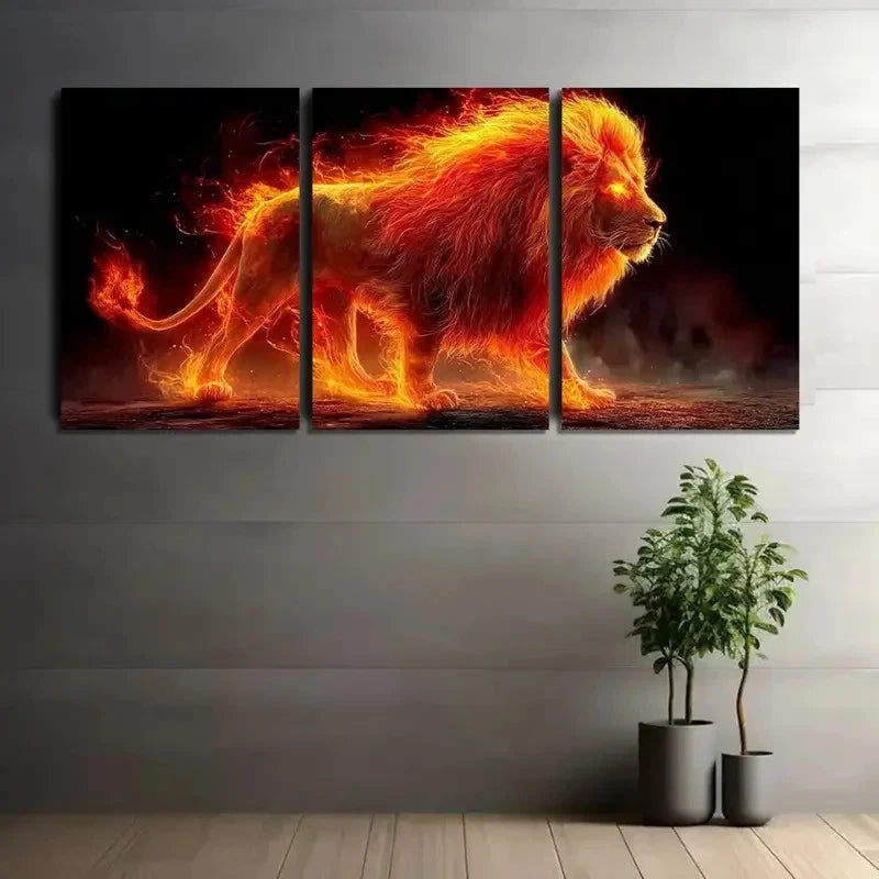3pcs Lion Walking on Water with Glowing Aura Metal Print Ready to Hang Art