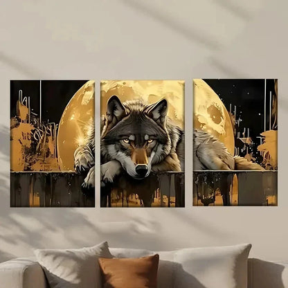 3pcs Wolf Is Sitting on a Fence with The Moon Wall Art Set Canvas Framed 40x60cm - High Quality Print 100% Australian Made Wall Canvas Ready to Hang