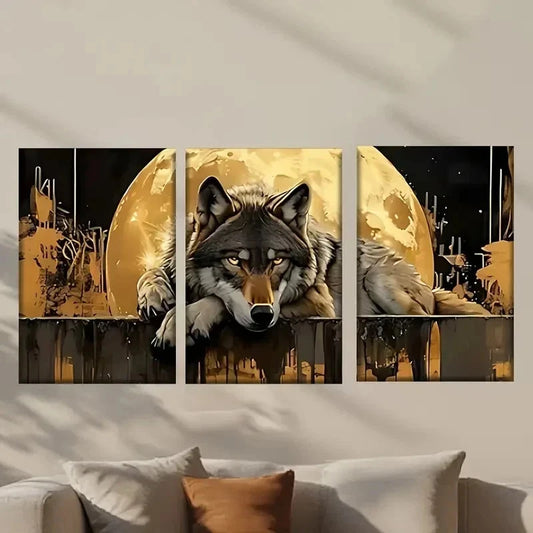 3pcs Wolf Is Sitting on a Fence with The Moon Wall Art Set Canvas Framed 40x60cm - High Quality Print 100% Australian Made Wall Canvas Ready to Hang