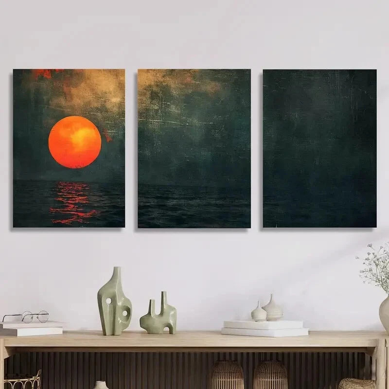 3pcs Abstract Ocean Sunset Emerald Green Sea Metal Print Ready to Hang Art