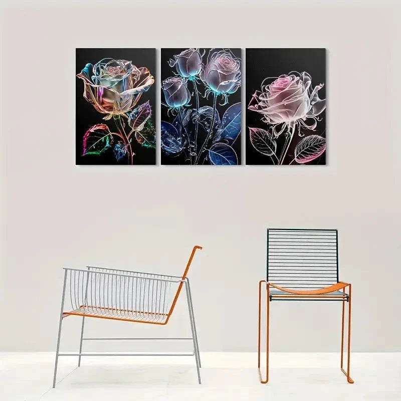 3pcs Colorful Rose Triptych Modern Metal Print Ready to Hang Art