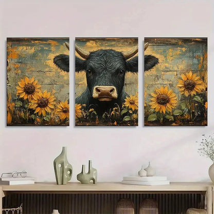 3pcs Rustic Cow Yellow Sunflower Metal Print Ready to Hang Art