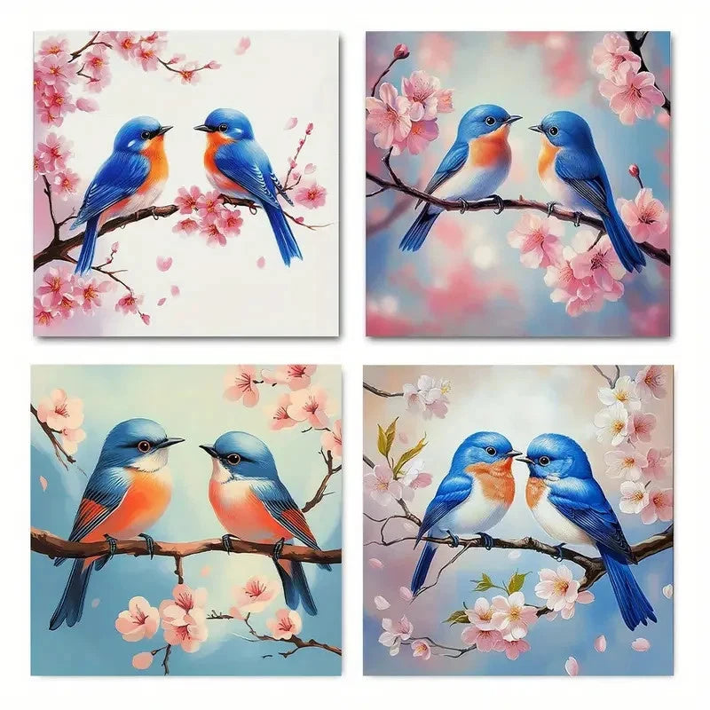 4pcs oriental cherry Love Birds Wall Art Canvas Framed
