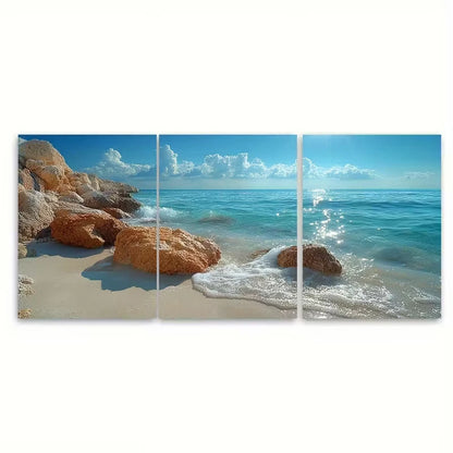 3pcs Sparkling Water Over Rocks on Sandy Shore Metal Print Ready to Hang Art