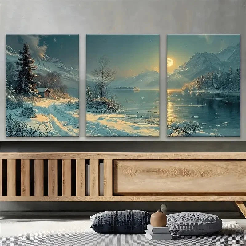 3pcs Winter Moonlit Night Landscape River Scene Metal Print Ready to Hang Art