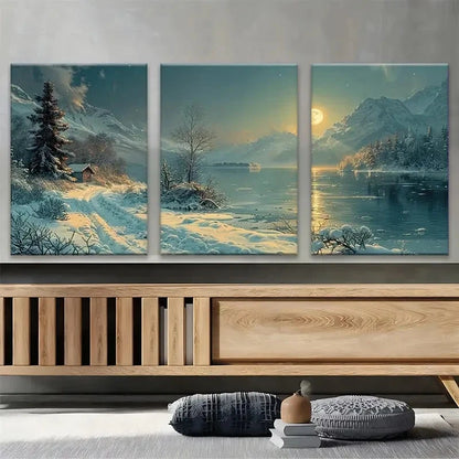 3pcs Winter Moonlit Night Landscape River Scene Metal Print Ready to Hang Art