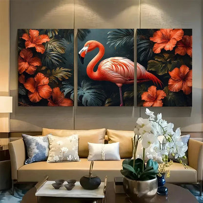3pcs Elegant Flamingo and Hibiscus Tropical Metal Print Ready to Hang Art