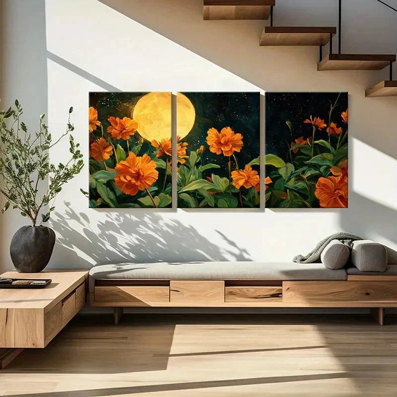 3pcs Vibrant Orange Flowers & Starry Night Sky Metal Print Ready to Hang Art