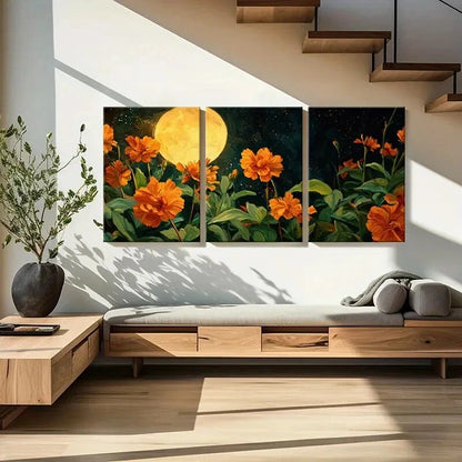 3pcs Vibrant Orange Flowers & Starry Night Sky Metal Print Ready to Hang Art