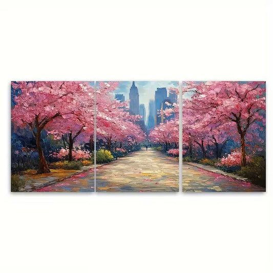3pcs Spring Central Park Oil Painting Metal Print Ready to Hang Art