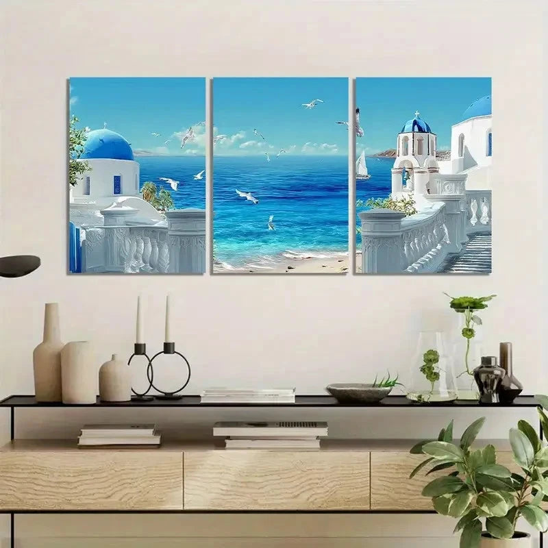 3pcs White & Blue Mediterranean Sea View Metal Print Ready to Hang Art