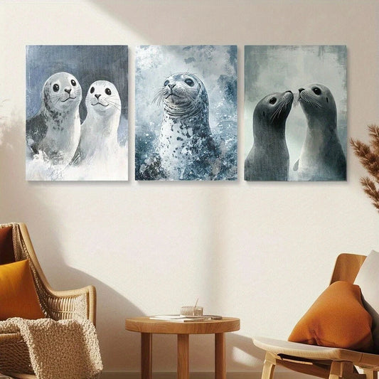 3pcs Ocean Life Sea Lion Walrus & Seal Metal Print Ready to Hang Art