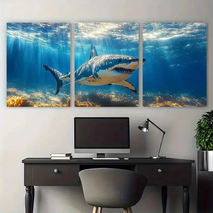3pcs Shark Underwater with Sunlit Illustration Metal Print Ready to Hang Art