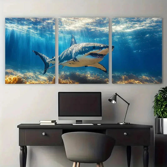 3pcs Shark Underwater with Sunlit Illustration Metal Print Ready to Hang Art