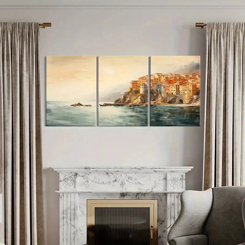 3pcs Cliffside Village Serene Waters Metal Print Ready to Hang Art