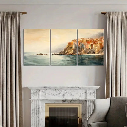 3pcs Cliffside Village Serene Waters Metal Print Ready to Hang Art