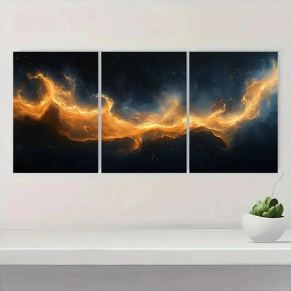 3pcs Abstract Geometric Black & Golden Smoke Wave Metal Print Ready to Hang Art