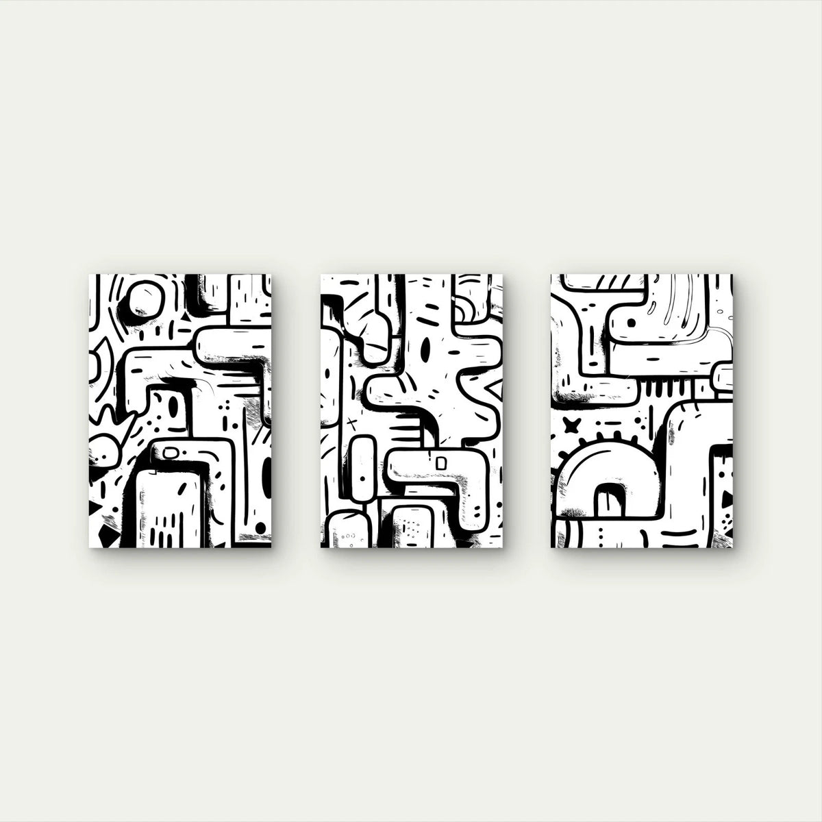 3pcs Black and White Abstract Doodle Wall Art Set Canvas Framed 60x90cm - High Quality Print 100% Australian Made Wall Canvas Ready to Hang