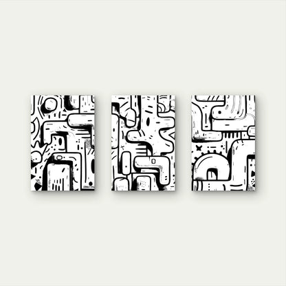 3pcs Black and White Abstract Doodle Wall Art Set Canvas Framed 60x90cm - High Quality Print 100% Australian Made Wall Canvas Ready to Hang