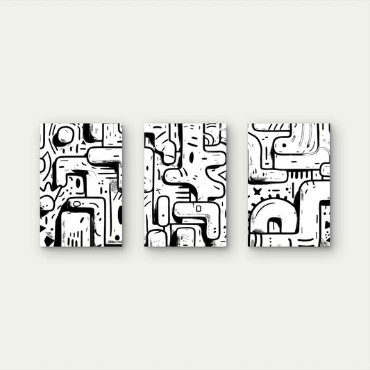 3pcs Black and White Abstract Doodle Wall Art Set Canvas Framed 60x90cm - High Quality Print 100% Australian Made Wall Canvas Ready to Hang