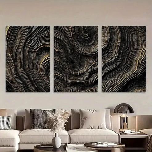 3pcs Black and Golden Abstract Wave Pattern Art Set Canvas Unframed - High Quality Print 100% Australian Made Wall Canvas
