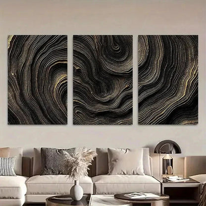 3pcs Black and Golden Abstract Wave Pattern Art Set Canvas Unframed - High Quality Print 100% Australian Made Wall Canvas
