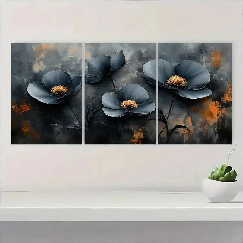3pcs Abstract Floral Black and White Textured Metal Print Ready to Hang Art