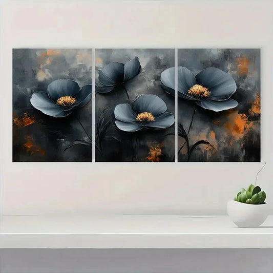 3pcs Abstract Floral Black and White Textured Metal Print Ready to Hang Art