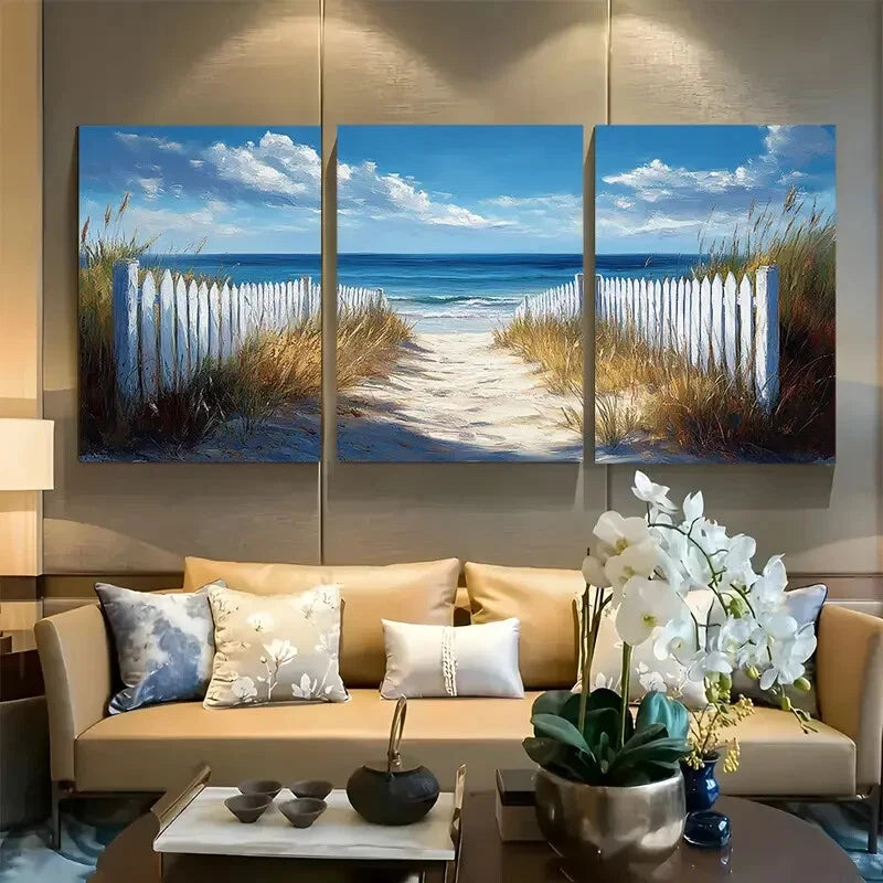 3pcs Beach White Picket Fence Metal Print Ready to Hang Art