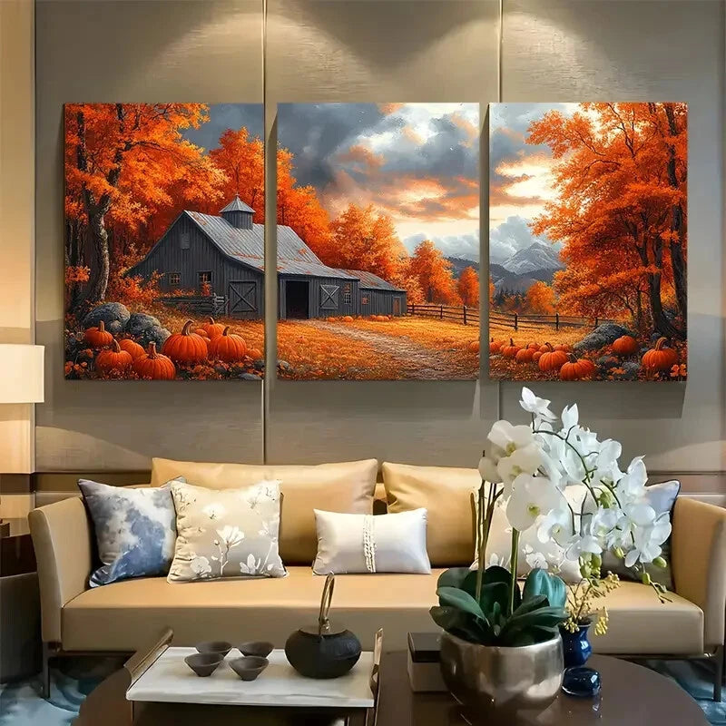 3pcs Picturesque Autumn Barn Harvest Scene Metal Print Ready to Hang Art
