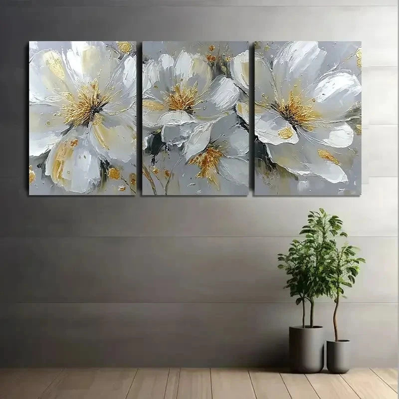 3pcs Elegant White Flowers with Golden Accents Metal Print Ready to Hang Art