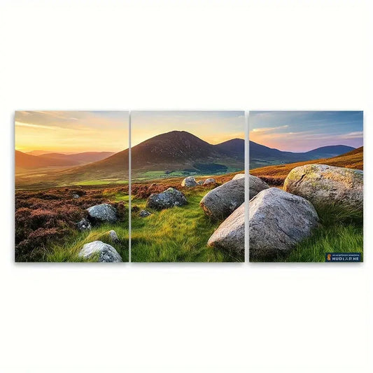 3pcs Mourne Mountains Vibrant Sunset & Green Hills Metal Print Ready to Hang Art