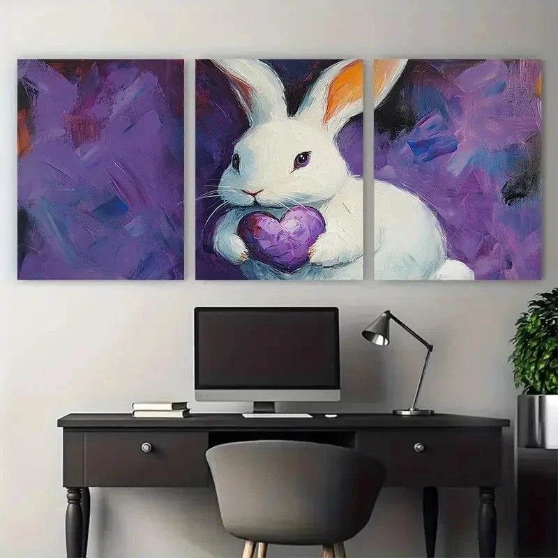 3pcs White Bunny Holding Purple Heart Illustration Metal Print Ready to Hang Art