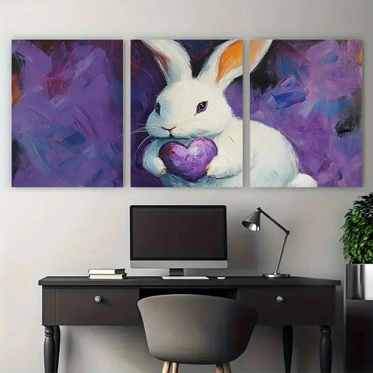 3pcs White Bunny Holding Purple Heart Illustration Metal Print Ready to Hang Art