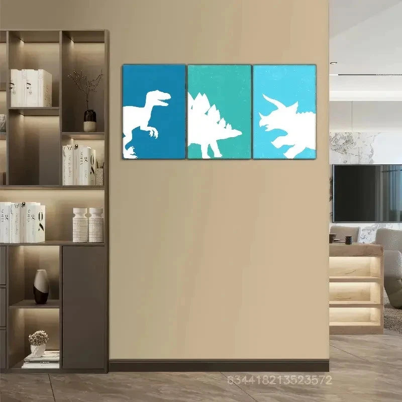 3pcs Velociraptor Triceratops Stegosaurus Metal Print Ready to Hang Art
